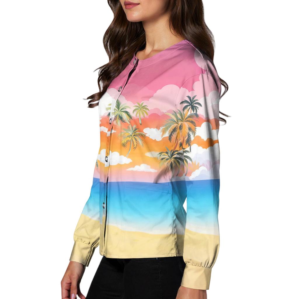 Women's Casual Long Sleeve Hawaiian Floral Print Single Button Scrub Cardigan Top for Uniform