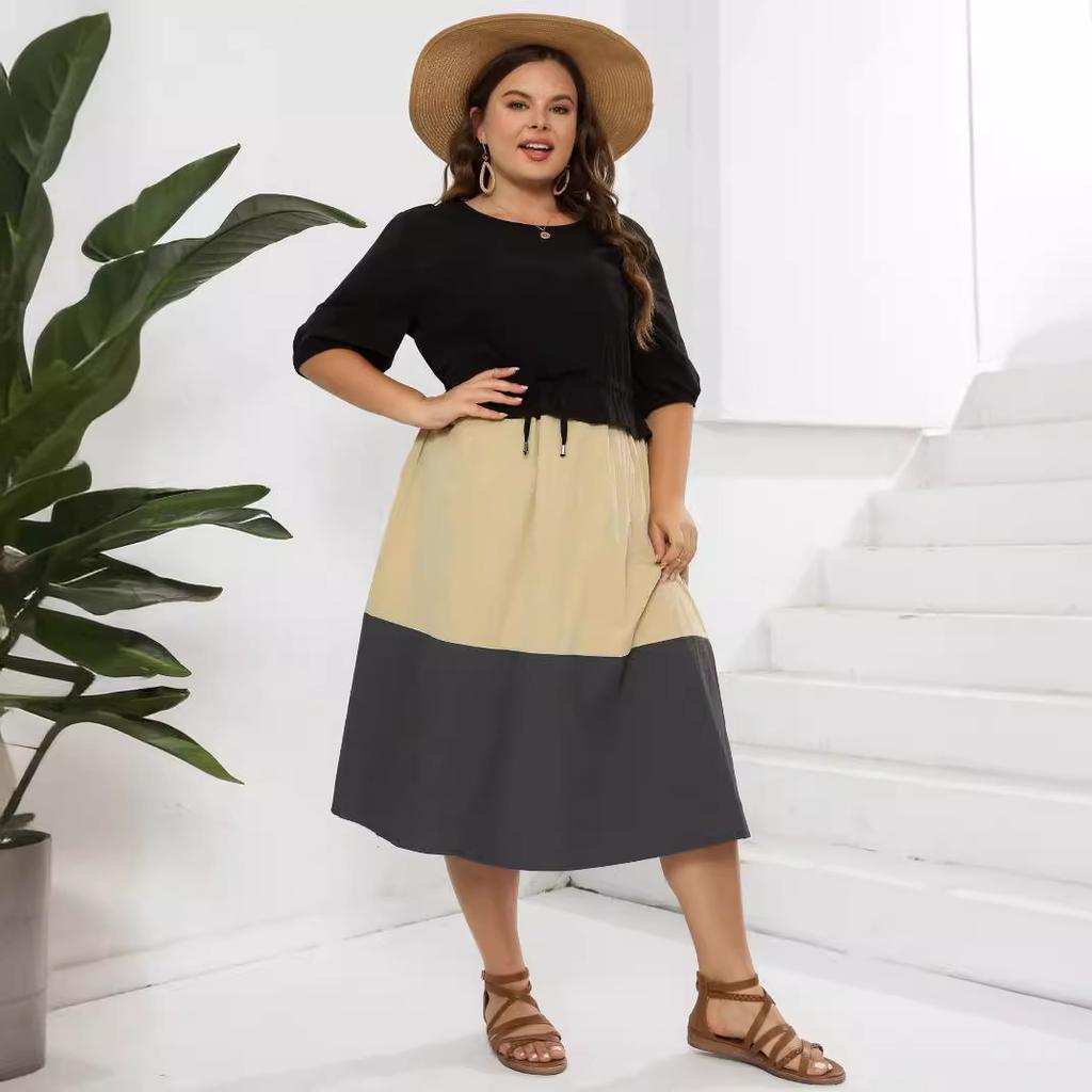 Frühlings- und Sommerkleid für Damen in Übergröße, Rundhalsausschnitt, kurze Ärmel, Farbblockierung, schmale Taille