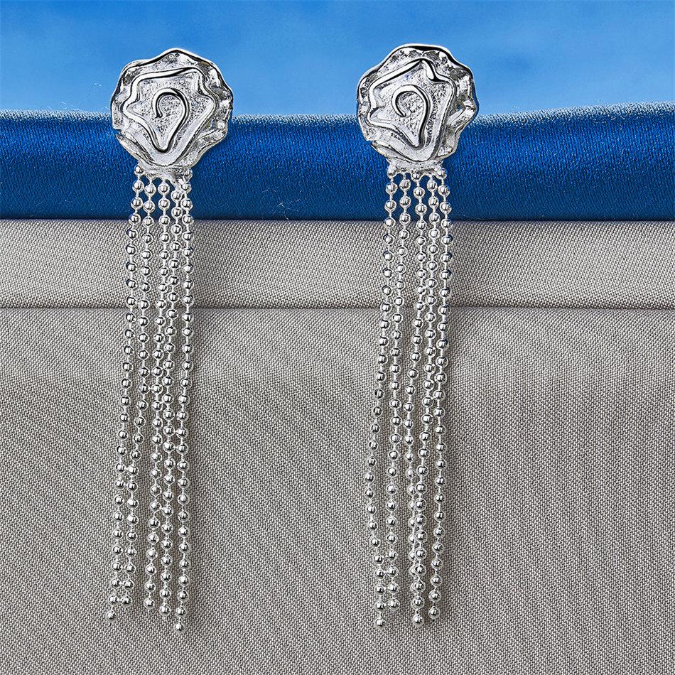 Charming 925 Sterling Silver Exquisite Tassel Rose Flower Earrings for Women Fashion Wedding Jewelry Party Gifts