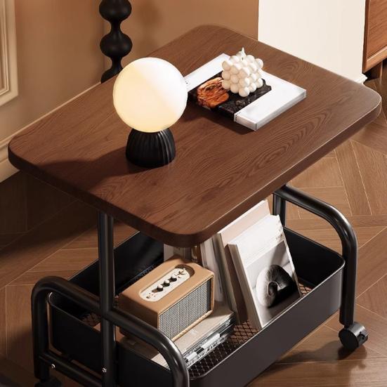 Rolling Double Layer Side Table with Storage Shelf Living Room Bedroom Sofa Couch Bedside Coffee Tea Table Desk Cart with Lockable Wheels
