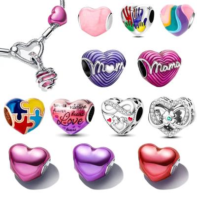 Silver Colour Metallic Pink Heart Charm Heart-shaped Beads Fit  Silve Original Bracelets Fashion DIY Woman Jewelry Making