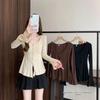 Maillard Collar Straight Shoulder Fishbone Long Sleeve Women's Top - Early Autumn Plus Size with Tea-like Trumpet Sleeves