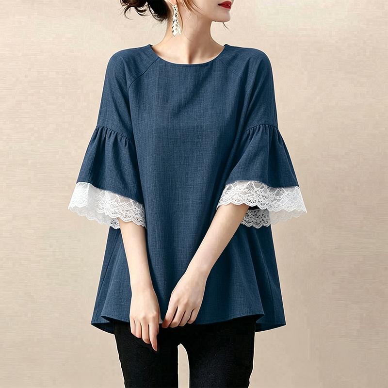 ZANZEA Blusa Feminina Casual de Renda com Gola Redonda e Meia Manga