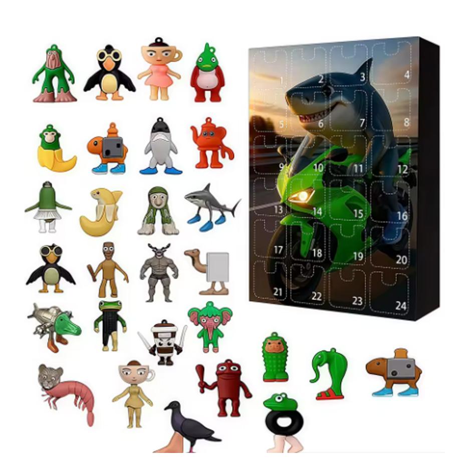 Christmas Arrival Calendar 24 Grid Countdown Brainrot Tung Sahur Pendant Acrylic Cartoon Animal Shark Wooden Stick Model Gift
