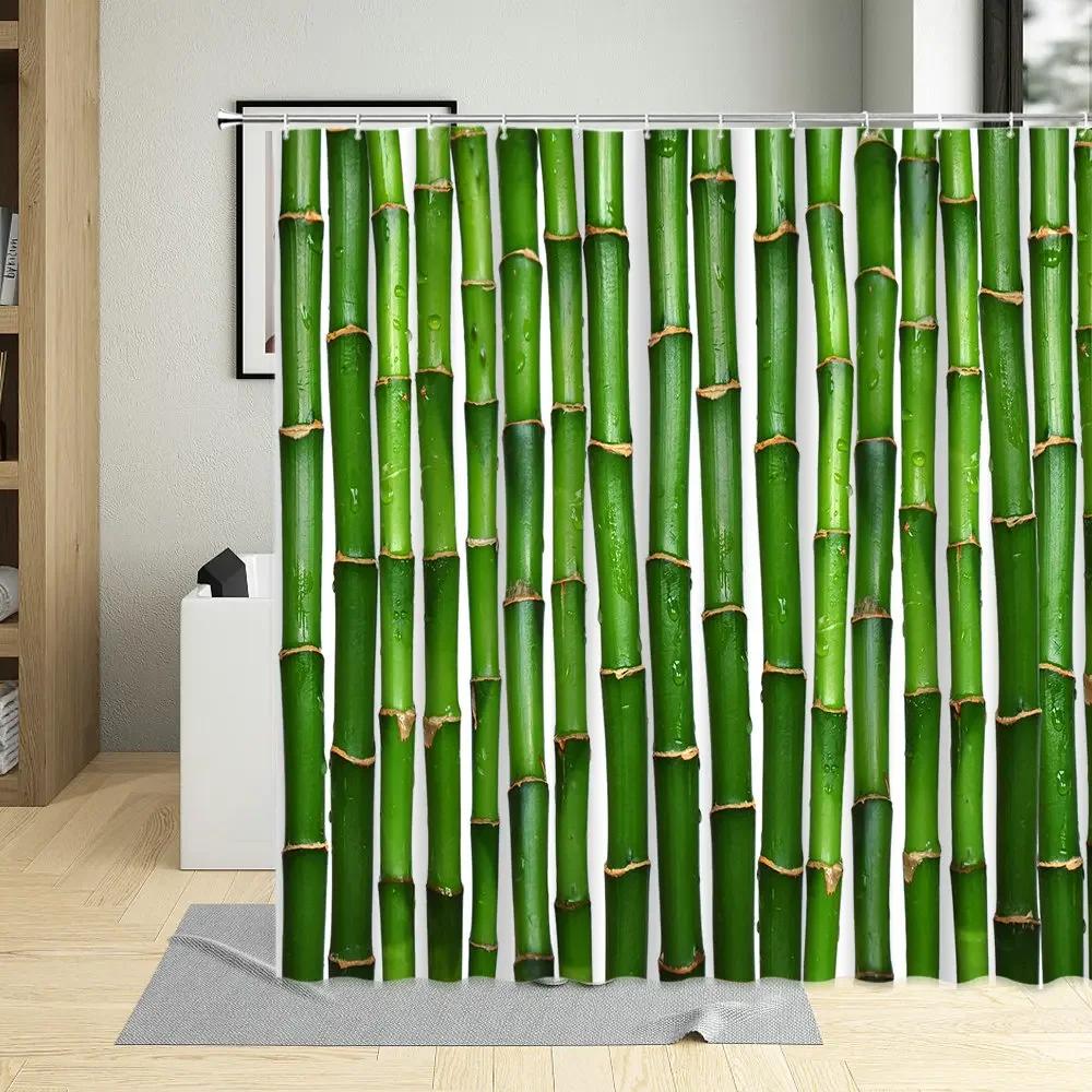 Tenda da Doccia in Bambù Bagno Decorazioni per la Casa Piante Verdi Paesaggio Tende da Bagno con Ganci Tessuto Impermeabile in Poliestere Lavabile