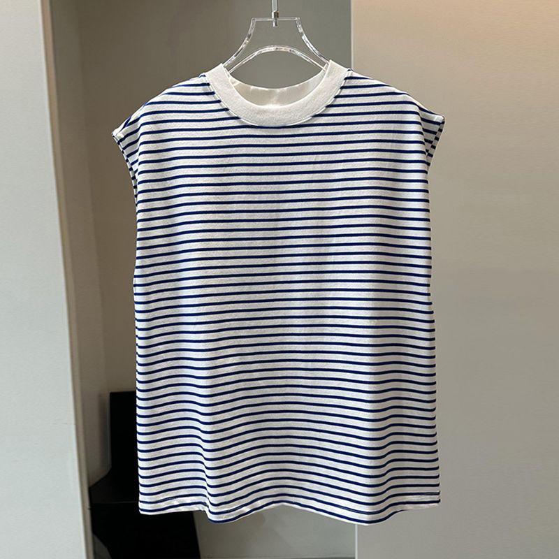 

Awesome X Goods Burst! K-style round Neck Loose Slimming Stripes Stylish Sleeveless Knitting Vest Tops Women s Summer Blue Stripe L