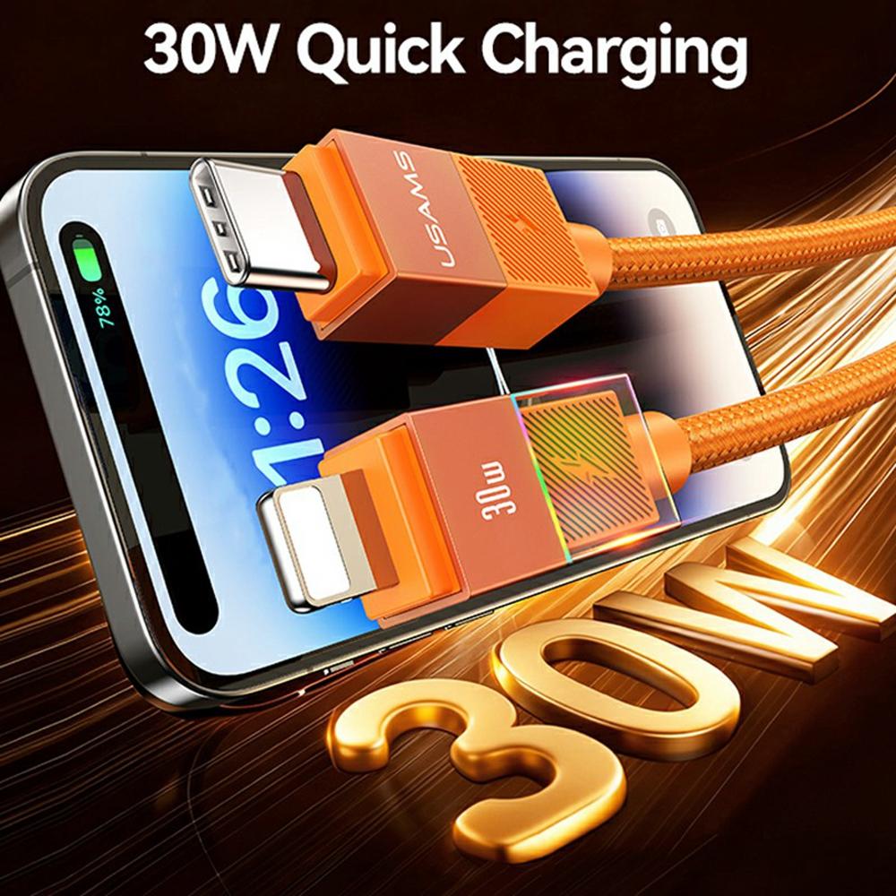 USAMS SJ776 U93 1.2m 30W Fast Charging Braided Cable Type-C to Lightning Data Cord with LED Light