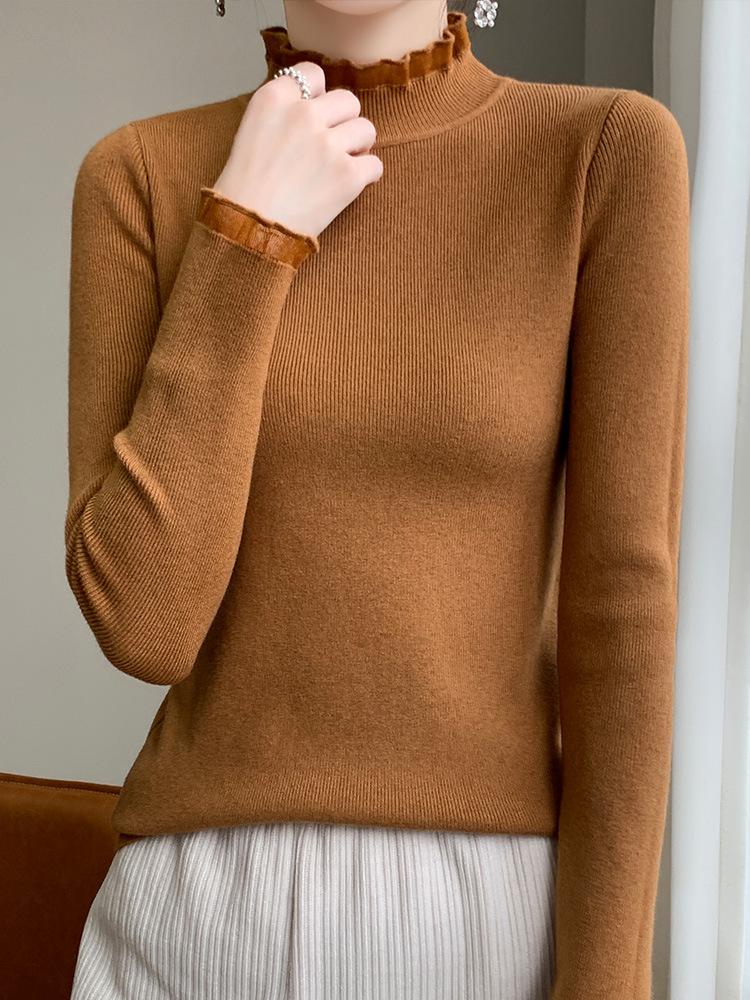 Women's Stylish Half-High Neck Knit Sweater - Lace Base Layer for Autumn & Winter