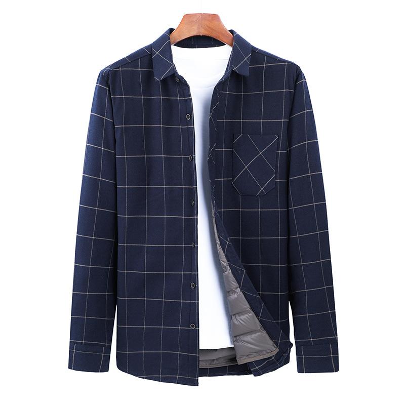 Ciepła Biała Kaczka Puchowa Koszula Męska Jesień i Zima Plus Aksamit Pogrubiona Koszula z Długim Rękawem dla Mężczyzn w Średnim Wieku Casualowa Kurtka Męska