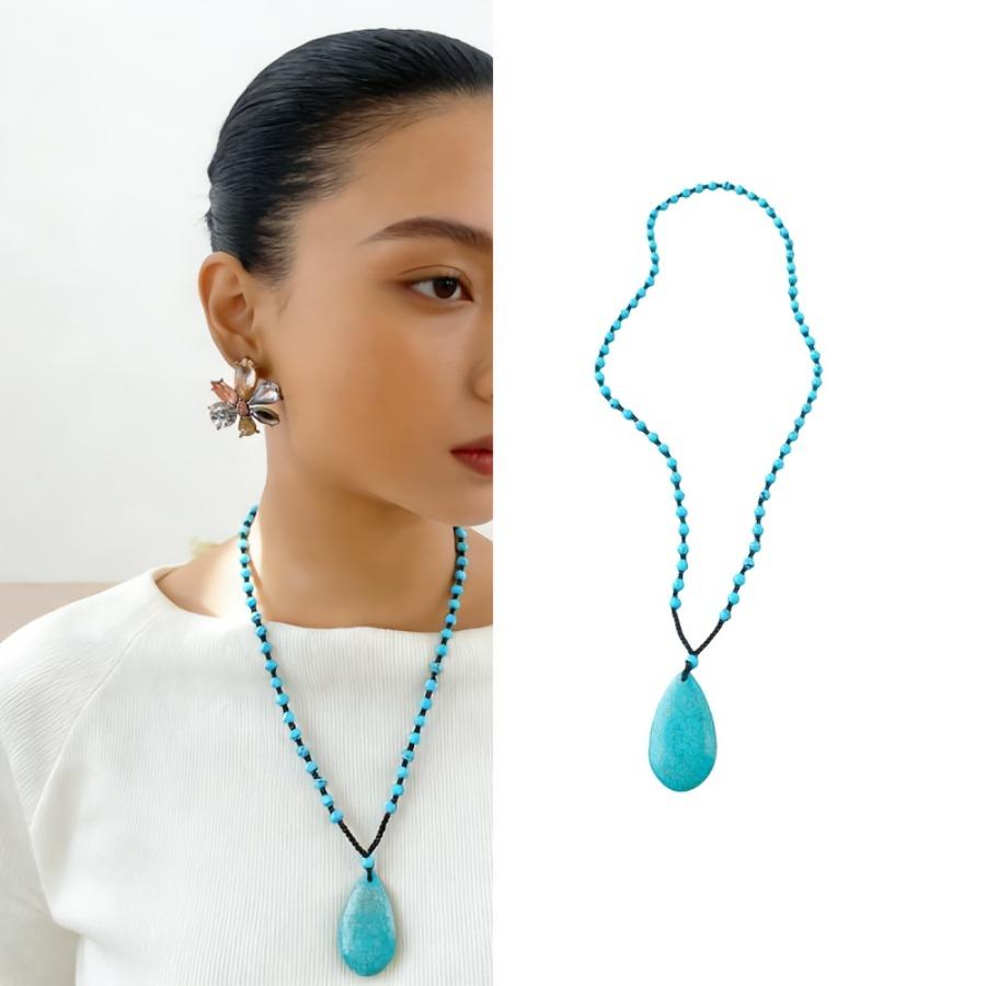 A Long Necklace Resembling Blue Turquoise with a Vintage Teardrop Pendant, Elegant And Stylish in a Bohemian Style, Perfect for Sweaters