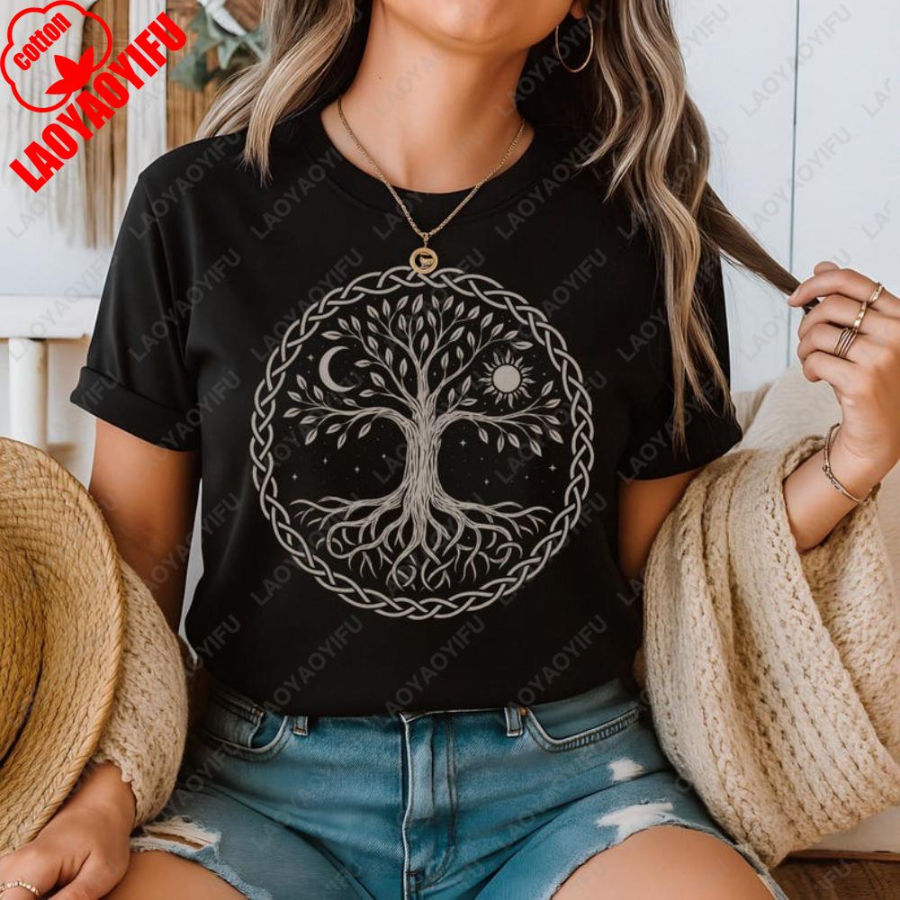 

Tree of Life with Sun Moon Printed T-shirt Tops Spiritual Gift for Nature Lovers Shirt Woman Clothes Man Cotton Streetwear Tops L