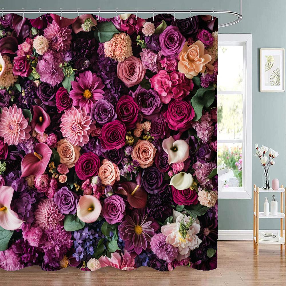 Rose Floral Flowers Wall Curtain Shower Curtain, Bathroom Decorative Shower Curtain, Waterproof Shower Curtain with Hooks 90x180cm-35x70in