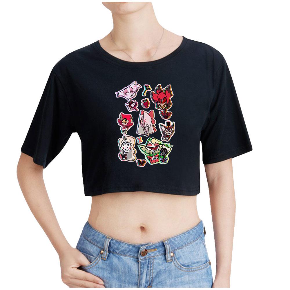 Tricou cu mânecă scurtă cu mânecă scurtă și cu gât rotund, cu imprimeu animat, elegant Hazbin Hotel, crop topuri sălbatice, casual, pentru vară