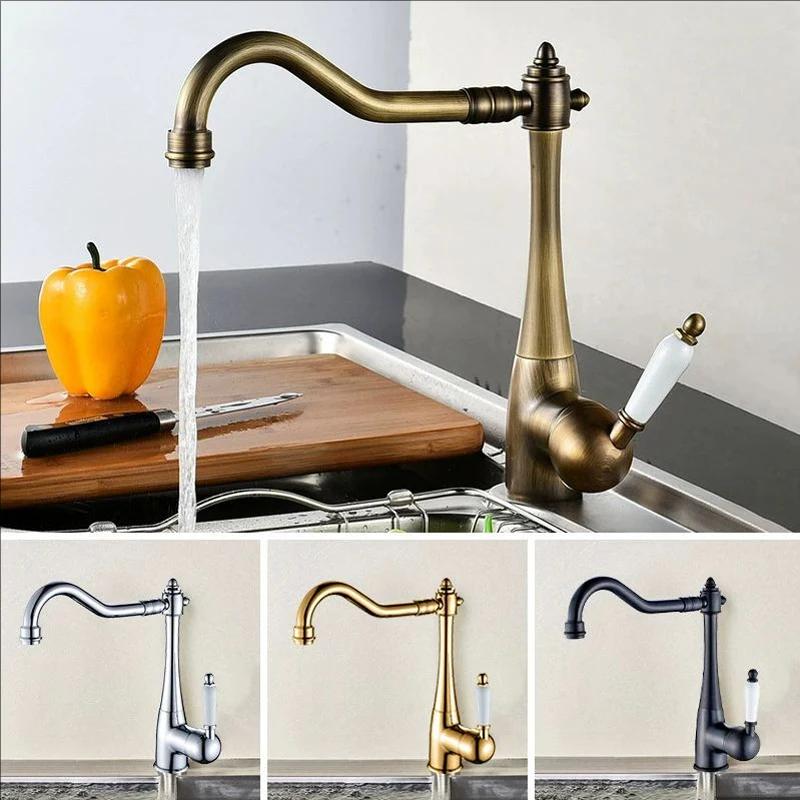 Antique Brass Kitchen Faucet Ceramic Handle Deck Mount Basin Sink Faucet 360 Rotate Mixer Taps Hot Cold Water Faucet Crane