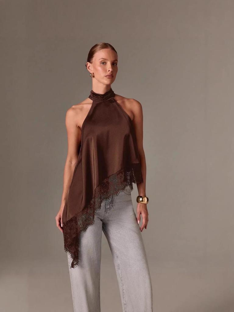 2026 Women's Asymmetrical Halter Neck Satin Vest with Lace Trim