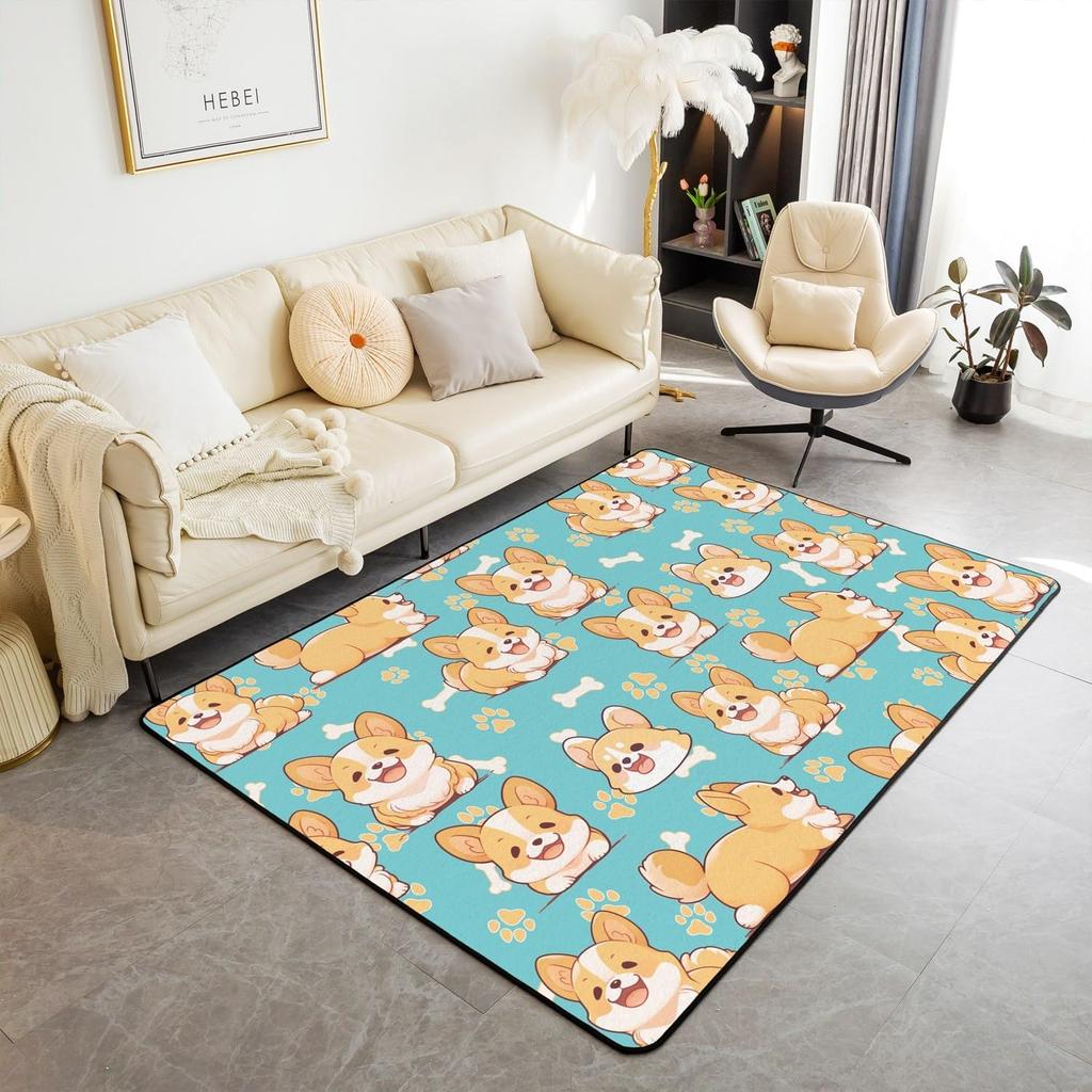 Cute Dog Print Area Rug Cartoon Corgi Pet Bones Living Room Rugs Playmat Lovely Puppy Animals Decorative Rug Indoor Floor Mat
