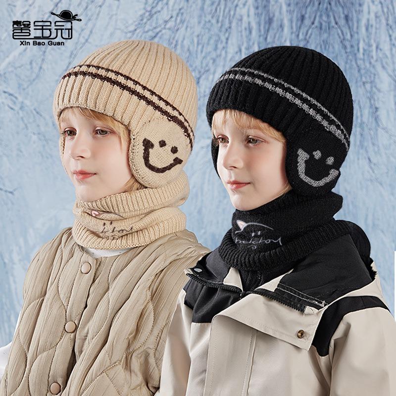 Children's Hat Scarf Set Winter Fleece Ear Protector Pullover Hat Boys Outdoor Windproof Warm Knitted Wool Hat