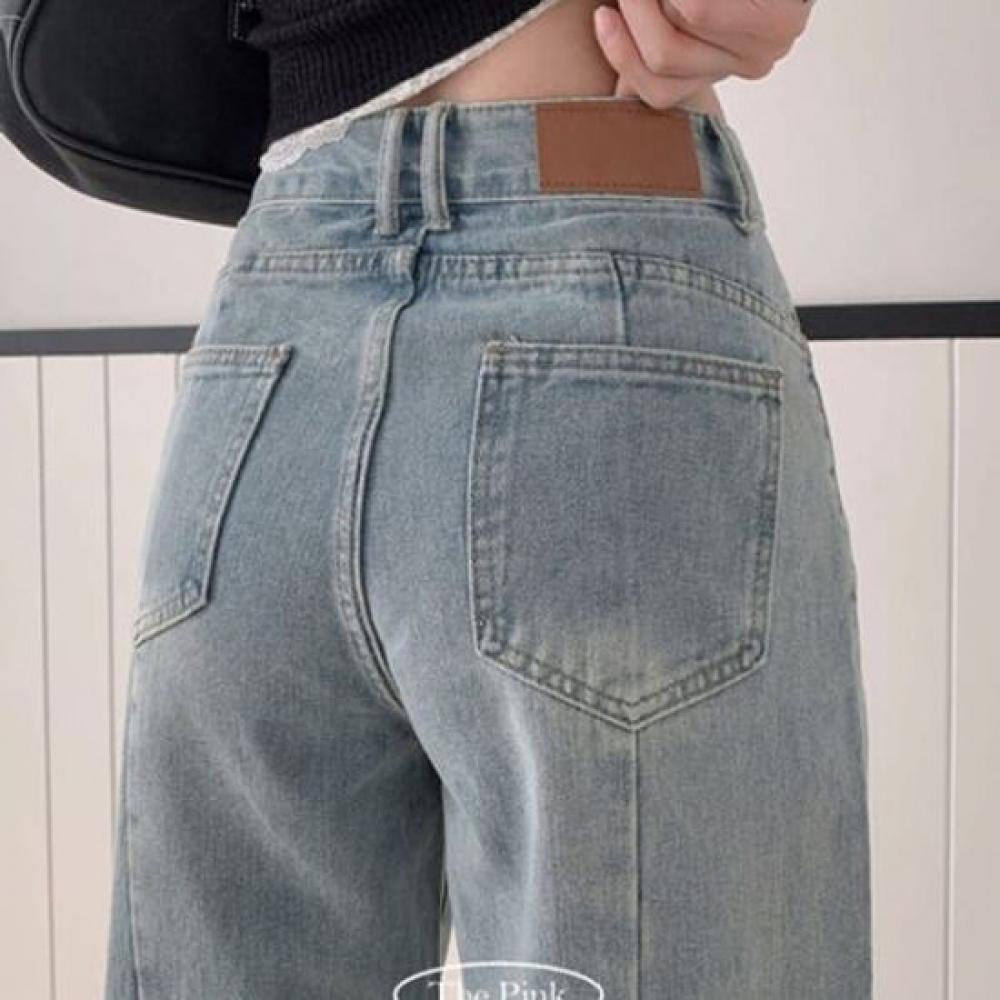 The Pink High Waist Cut Washed Wide Denim Pants