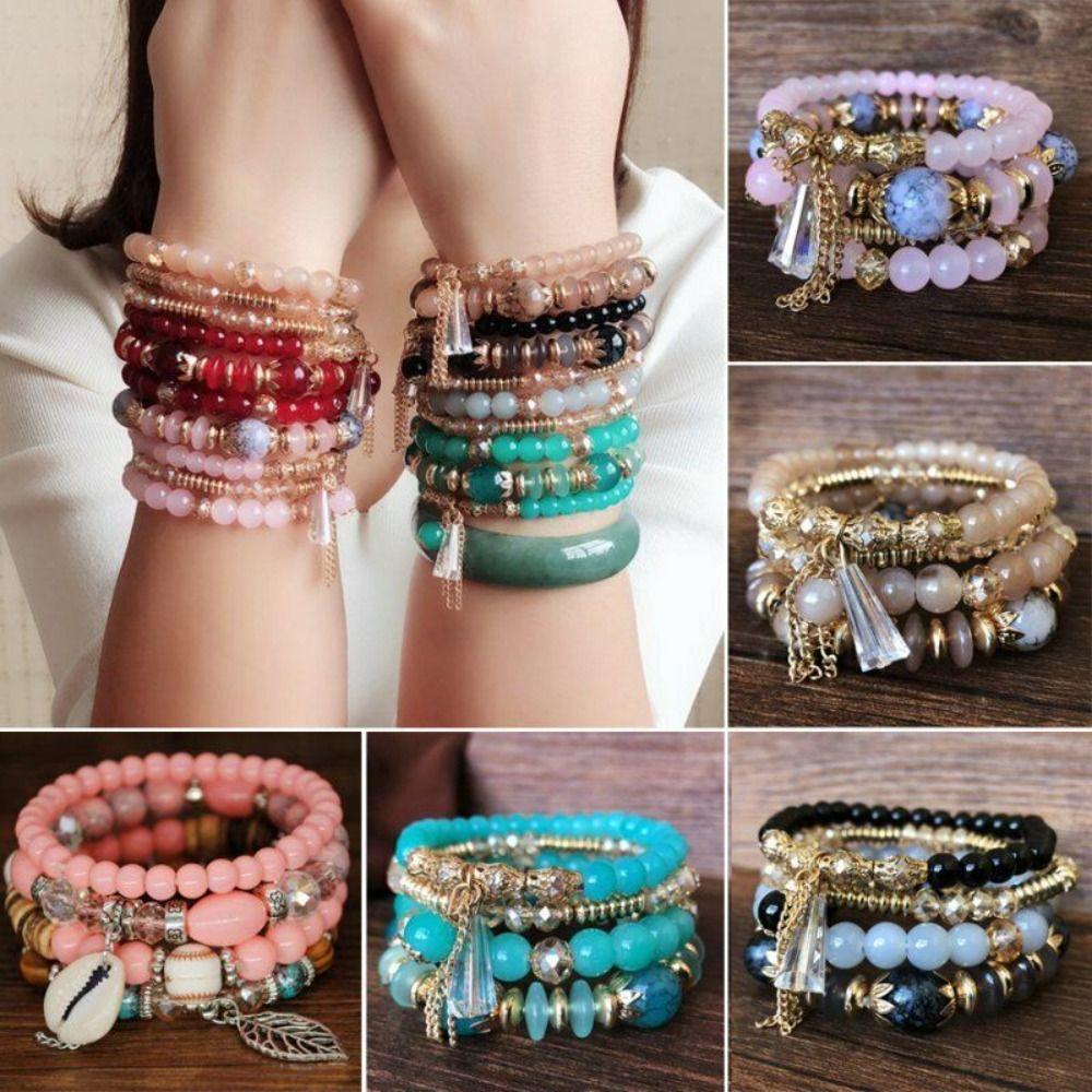 Fringed Design Bracelets Set Electroplated Crystal Beaded Bracelet Bohemian Style
