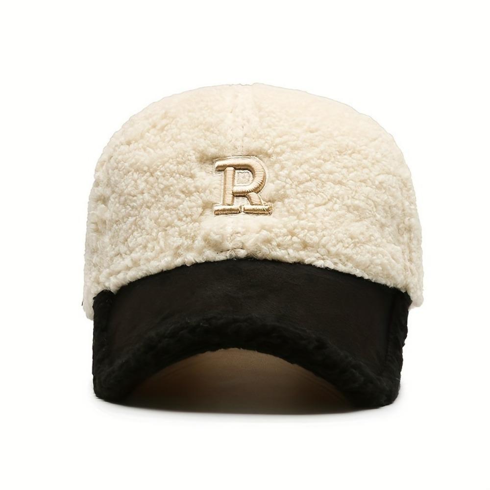 Classic Letter R Embroidery Baseball Cap Color Block Coldproof Warm Dad Hats Plush Adjustable Sun Hat for Women Autumn & Winter