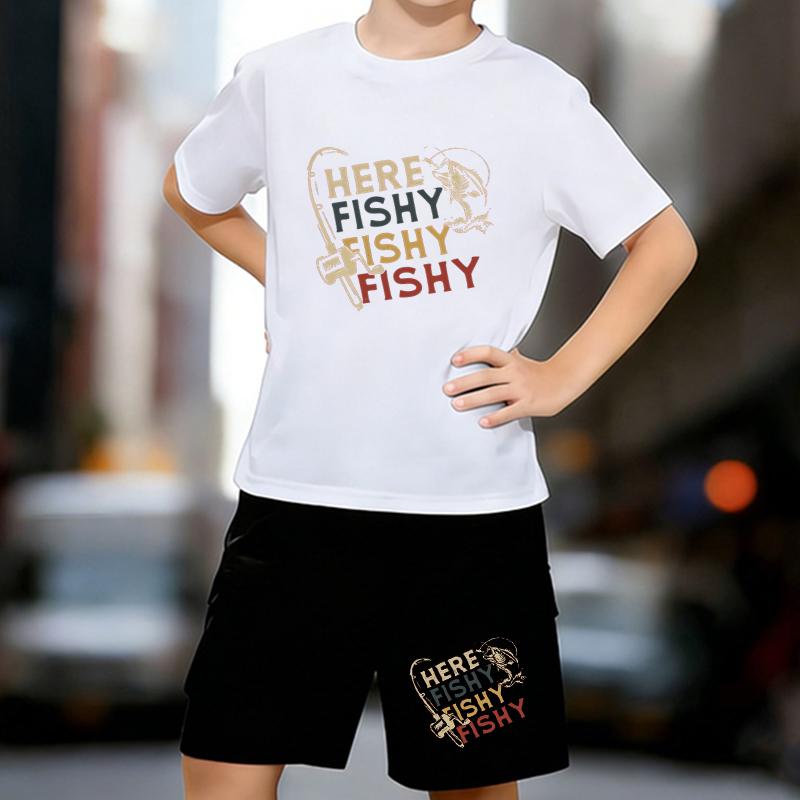 

Boys 2 Piece Fishing-themed printed Outfit, Short Sleeve T-Shirt and Shorts Set for Kids Age 5-14,White Sporty Casual Summer Clothes 13-14 Years білий