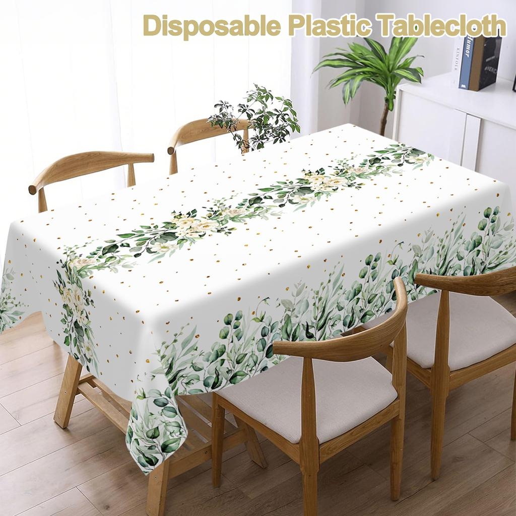 183x137cm Eucalyptus Leaves Disposable Tablecloth Sage Green Plastic Table Cover for Summer Spring Birthday Party Table Decor