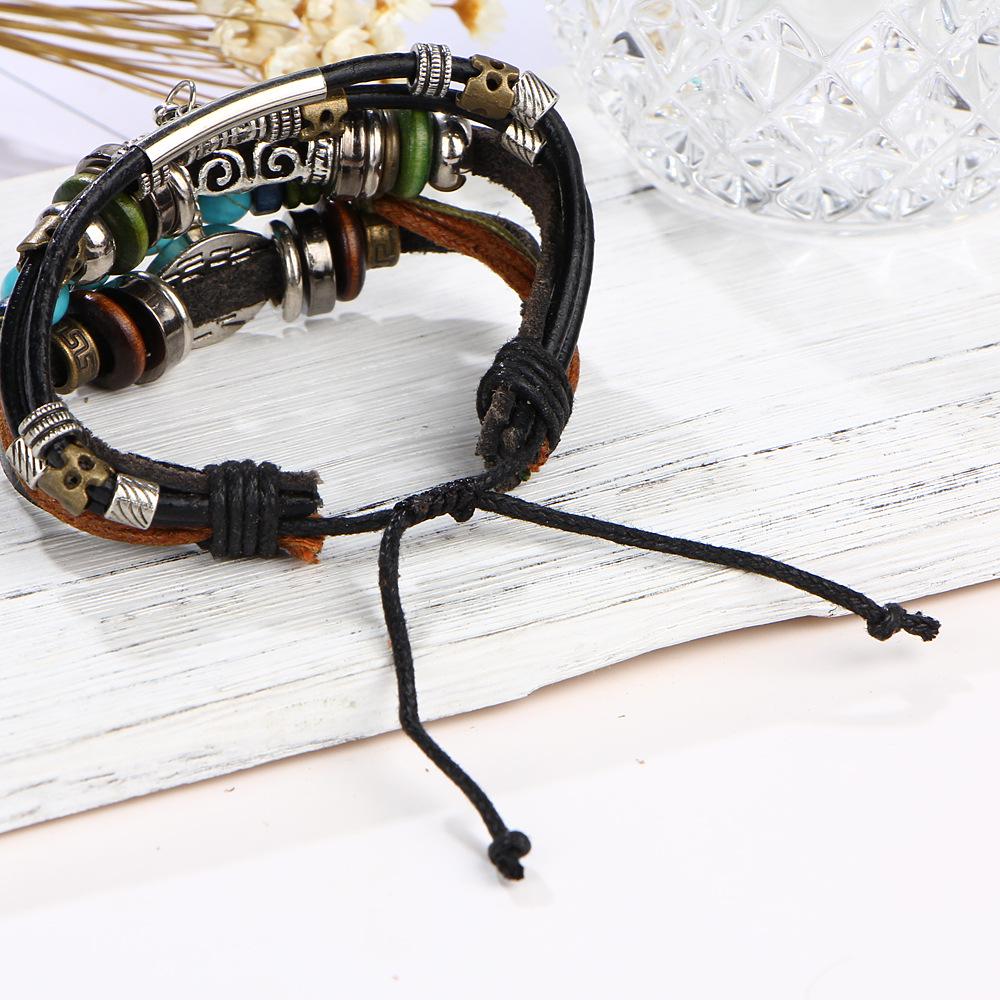 Beaded Blue Eyes Multilayer Cowhide Bracelet with Vintage Hollow Carved Bangle