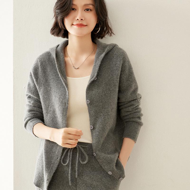 

Женский кашемировый вязаный свитер-худи: Осенне-зимний приталенный кардиган-свитшот L (suitable for 55-65 kg)