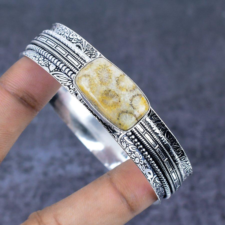 Fossil Coral Gemstone Handmade 925 Sterling Silver Cuff Bangle 7.5" U1w70
