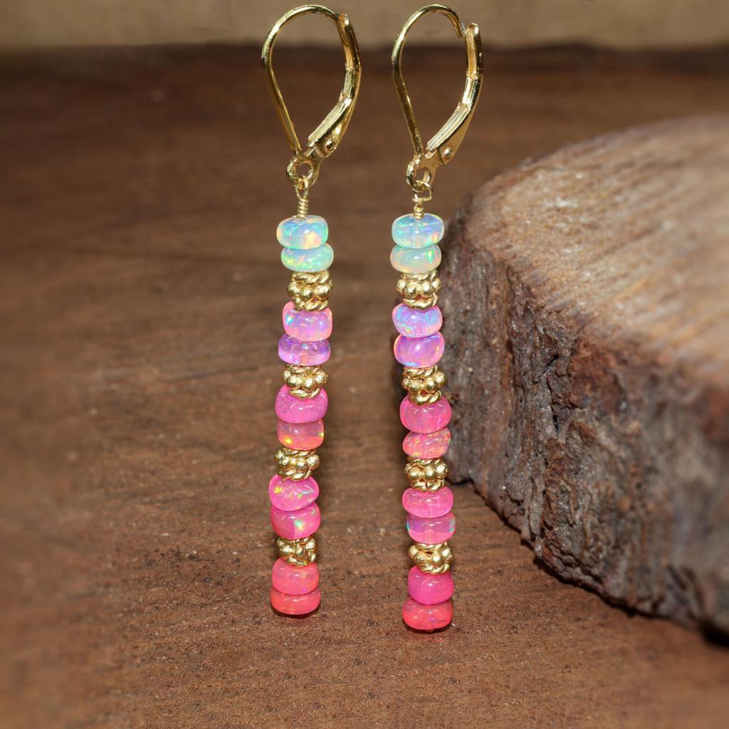 Fire Pink Opal Beaded Earrings: Sterling Silver Dangle Earrings