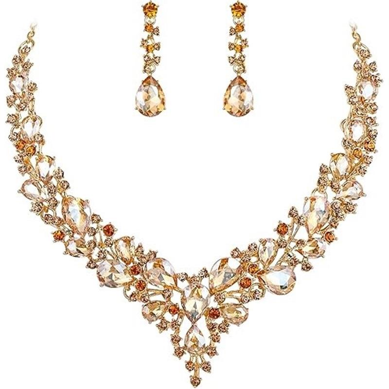 Newlywed Rhinestone Crystal Necklace And Earrings Set - Luxurious Jewelry Set For Ladies' Dance And Banquet Events