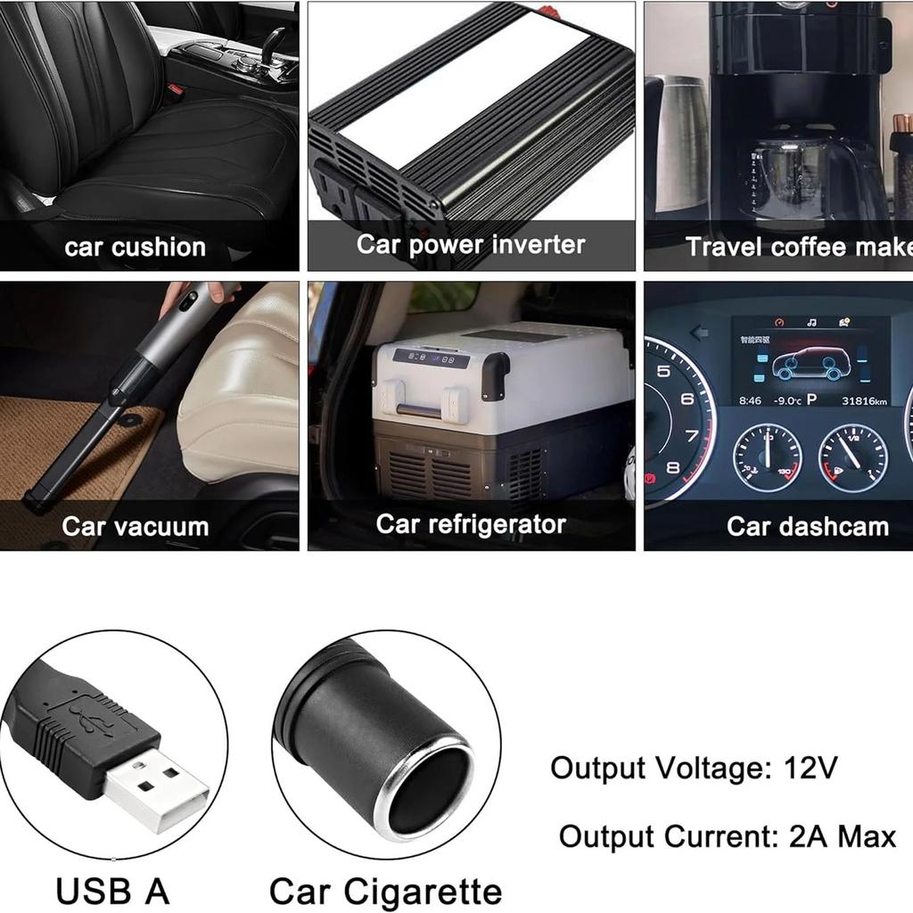 Black Thick Copper Wire 5V To 12V Driving Recorder Power USB To Lighter Adapter Cable