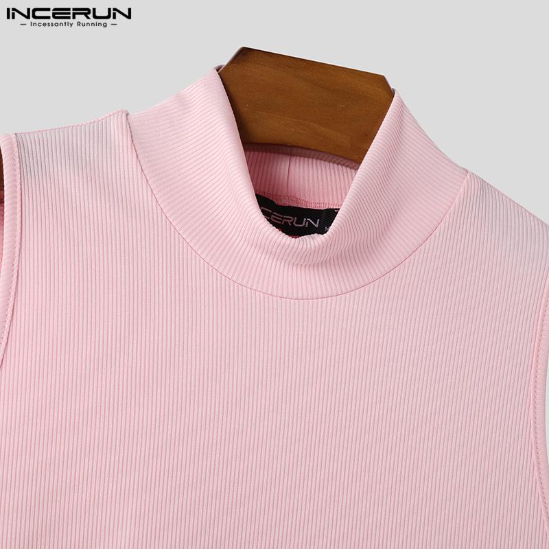 INCERUN Men Summer High Neck Cutout Sleeve Oversleeve Rib Casual Fitted Short Tank Tops