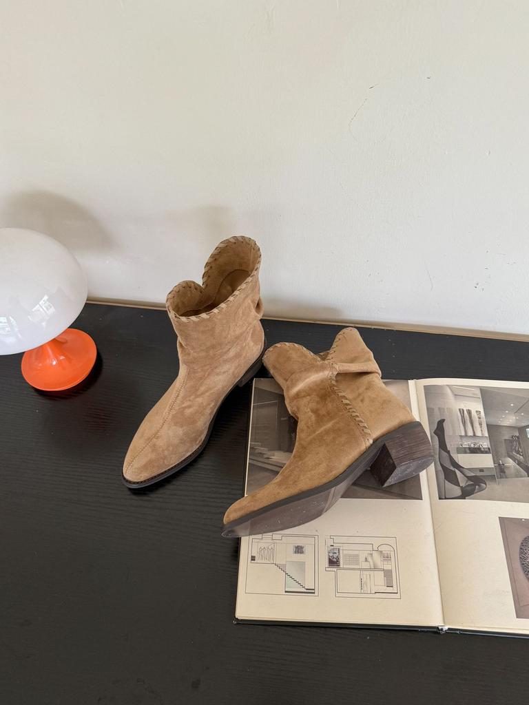 2025 New Women's Boots Square Head Thick Heel Medium Heel Short Boots Versatile and Thin Pile Western Cowboy Boots Maillard Matte