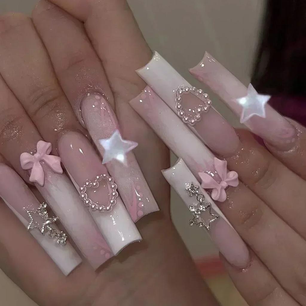 24 Pcs Pink French Tip Star Long Coffin False Nails Ballet Wearable Full Cover Press On Nail Tips Art