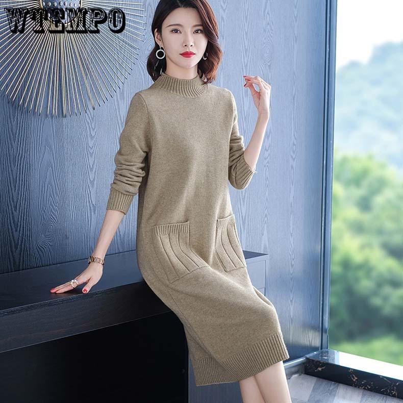 Herbst- und Winterstrickkleid Langes Kleid Langarm Damenpulloverkleid Locker Verdickt Vielseitig