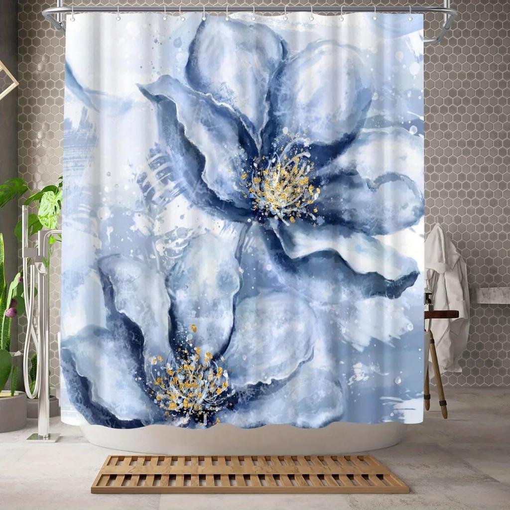 1pc Blue Floral Shower Curtain - Elegant Blue Flowers, Golden Accents, Polyester, 12 Hooks, Stylish Bath Decor