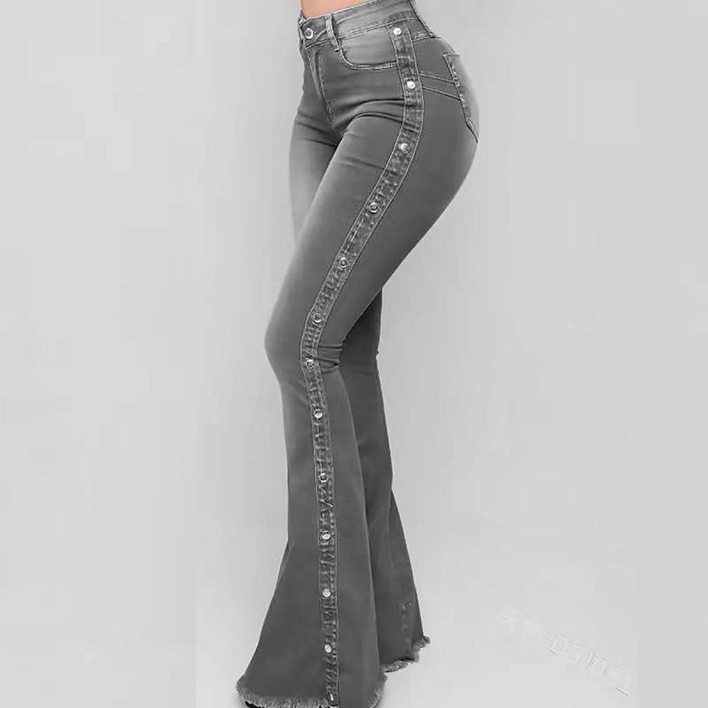 Summer Women's Button Slim Front And Back Pocket Zipper Design Flared Leg Work Pants Denim Trousers