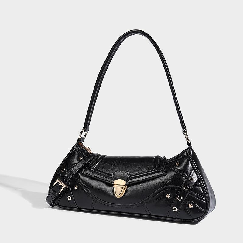 

Текстурная нишевая сумка подмышку для женщин 2025 весна новая трендовая модная сумка-багет универсальная на плечо через плечо чёрный