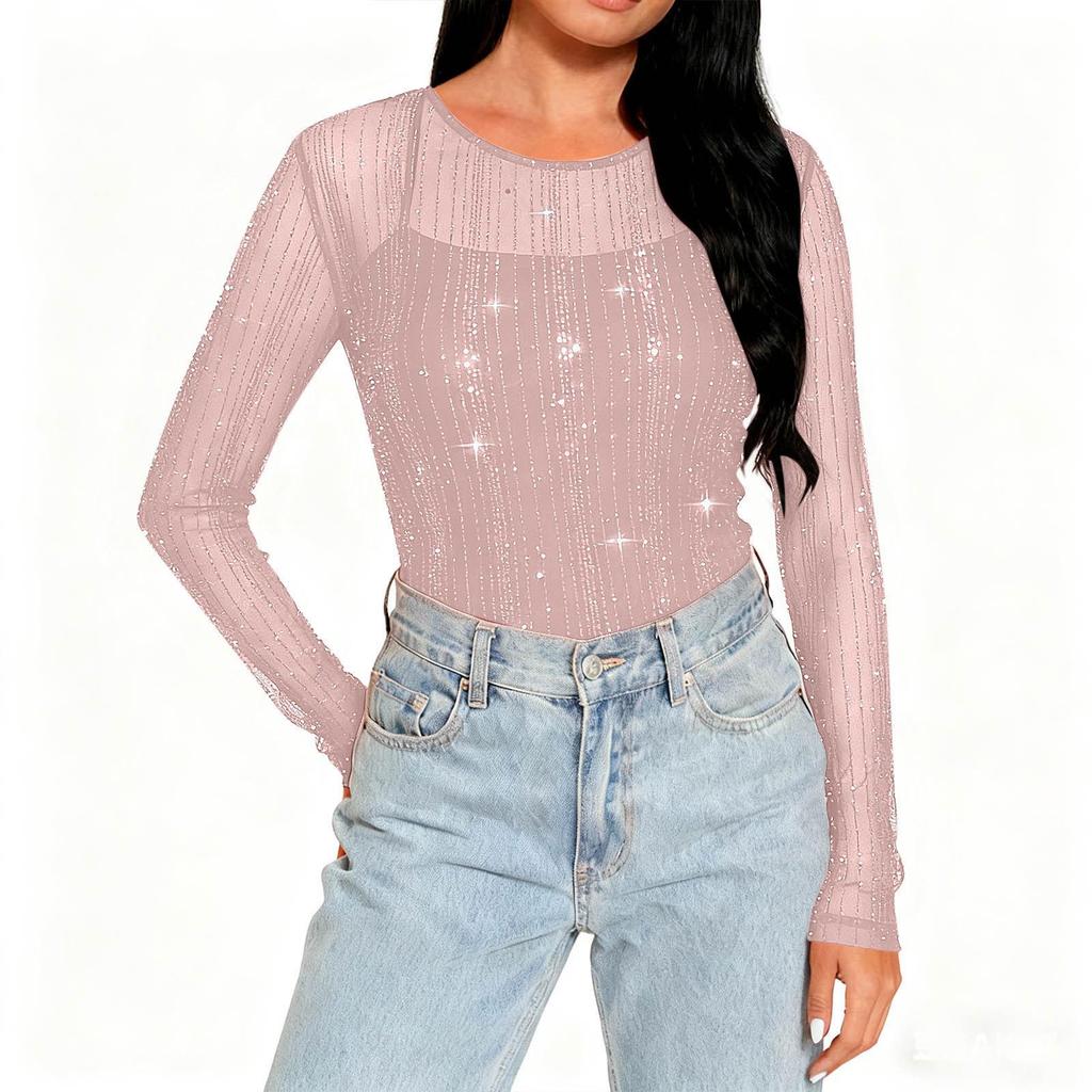 Women's High-Neck Sequin Long Sleeve Top - Spring/Autumn 2026, Stylish & Transparent Inner Layer