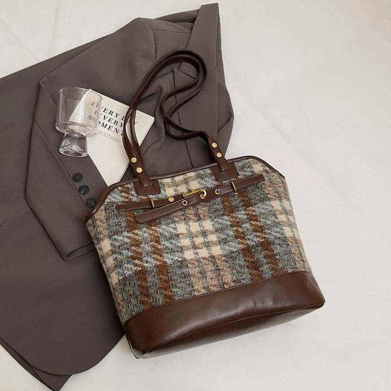 Karierte Einkaufstasche mit großer Kapazität, Umhängetasche für Damen, Vintage-Rucksack