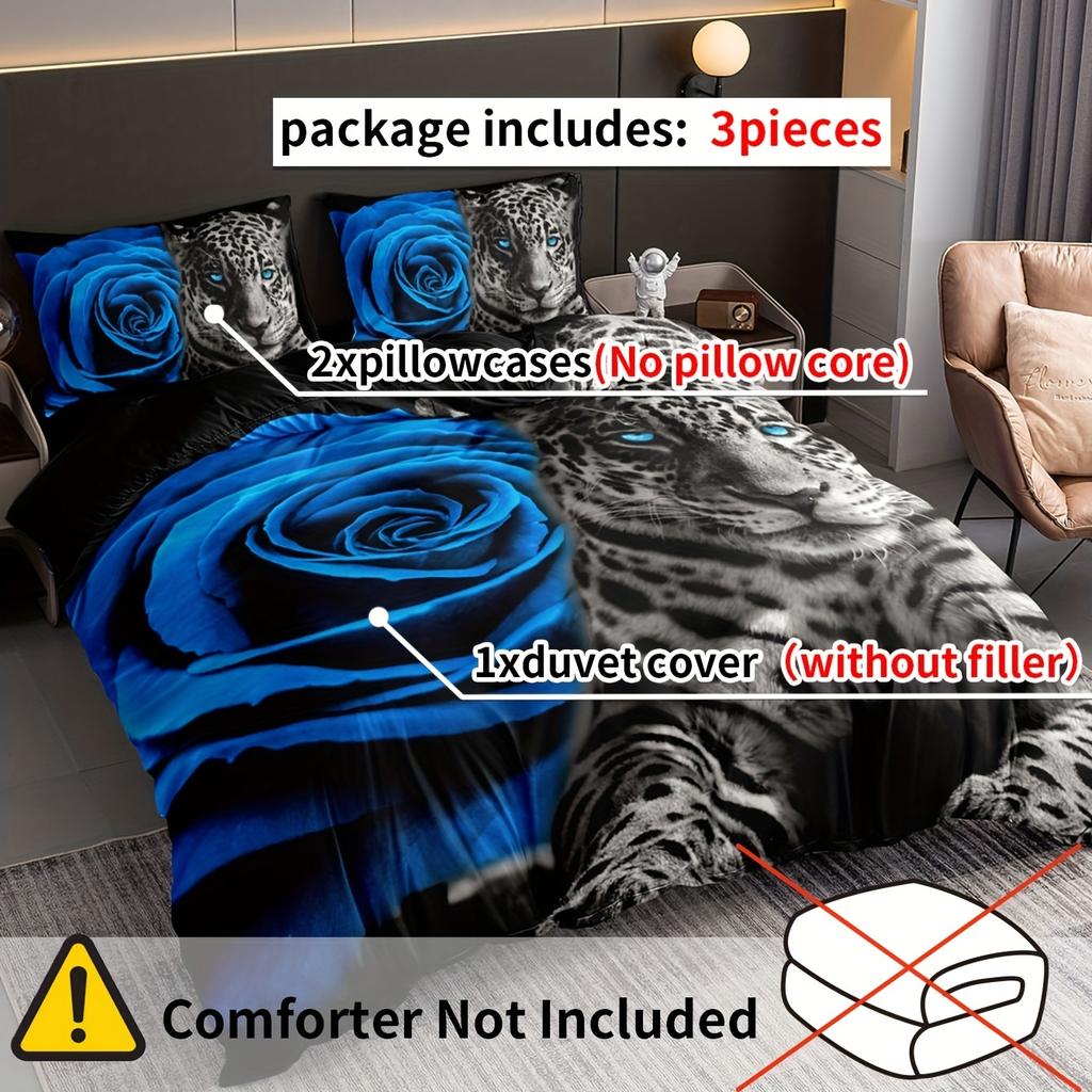 3-Piece Luxurious Leopard Romantic Rose Print Duvet Cover Set - Soft, Comfortable, and Hypoallergenic Bedding for Bedroom, Guest