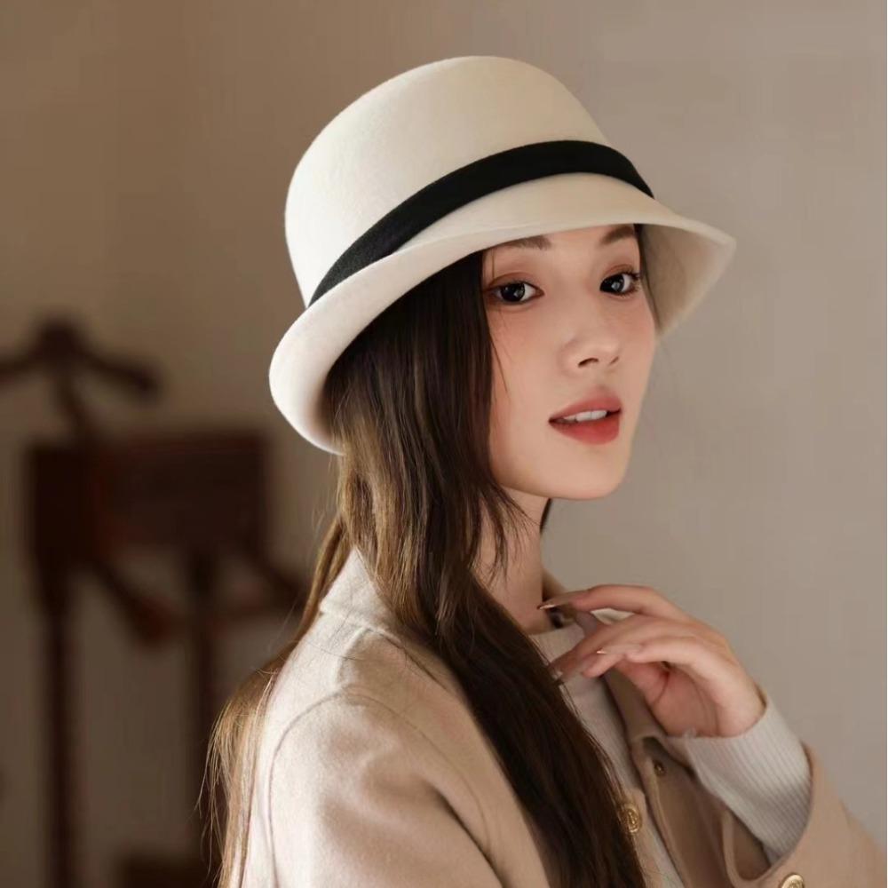 Hepburn wind warped edge small brim wool small pot hat bow decoration British versatile top hat autumn and winter bucket hat women