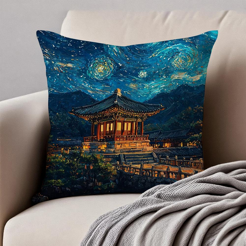 Historic Korean Landmark FFoguo Temple Cushion Cover Pillowcase Antidustmite Invisible Zipper Short Plush Sofa Cushion