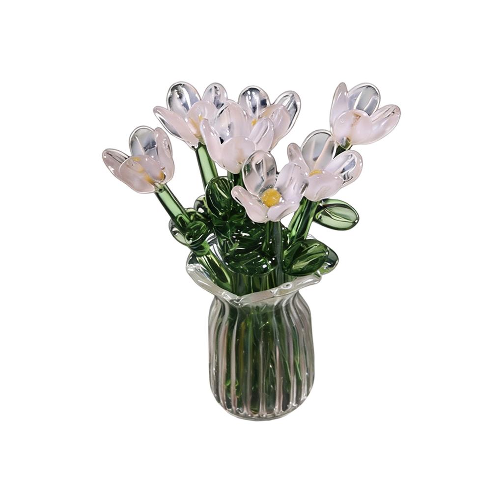 Glasblumen in Vase, Glasblumen in Vase mit Stielen, 7 Farbige Miniatur-Glasblumen, Glasblumenstrauß zum Muttertag