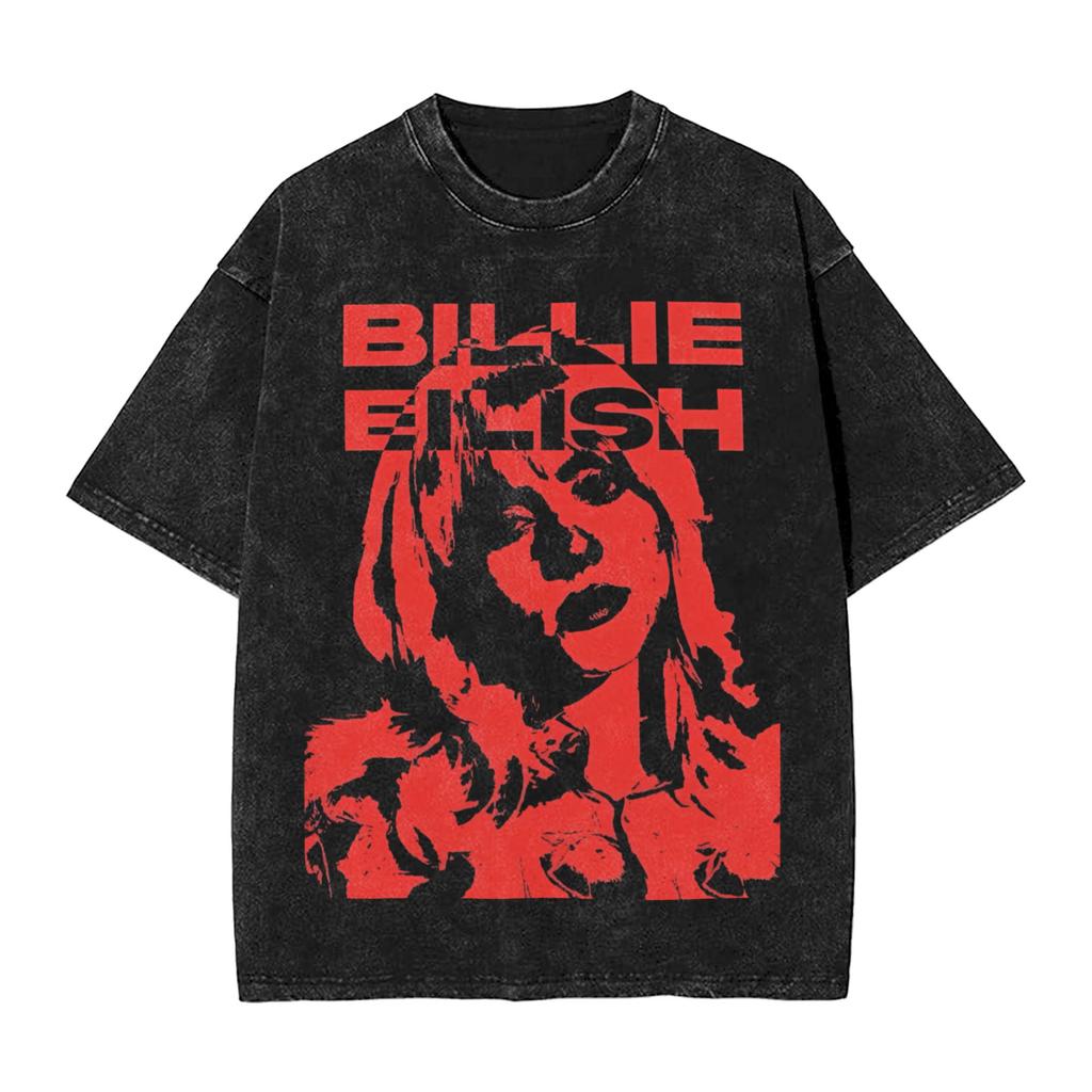Singer BBillieGirl Eeilish Music Vintage Washed T Shirt Unisex Cotton Clothes Printed Round Neck Short Sleeve