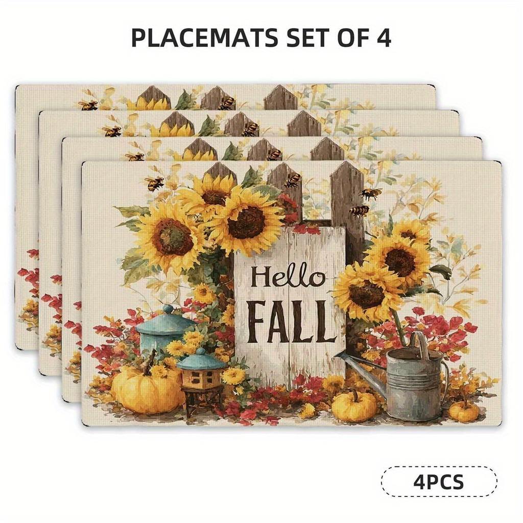 Rectangular Placemats for Kitchen and Dini 4pcs Set of Sunflower "Hello Fall" Printed Placemats - Natural Atmosphere Table Mats