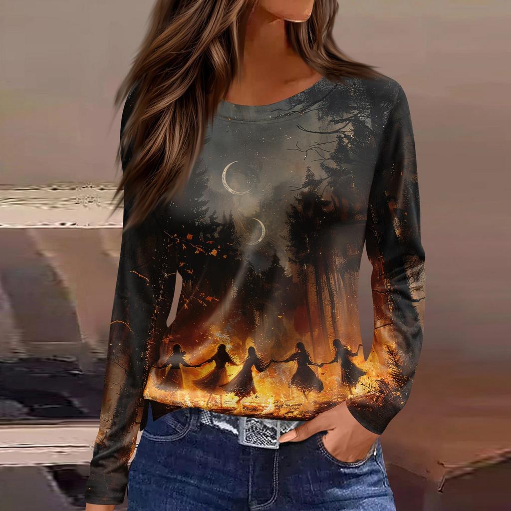 Women's Fashion Casual Slit Hem Round Neck Long Sleeve Loose Halloween Printed T-Shirt Ladies Top