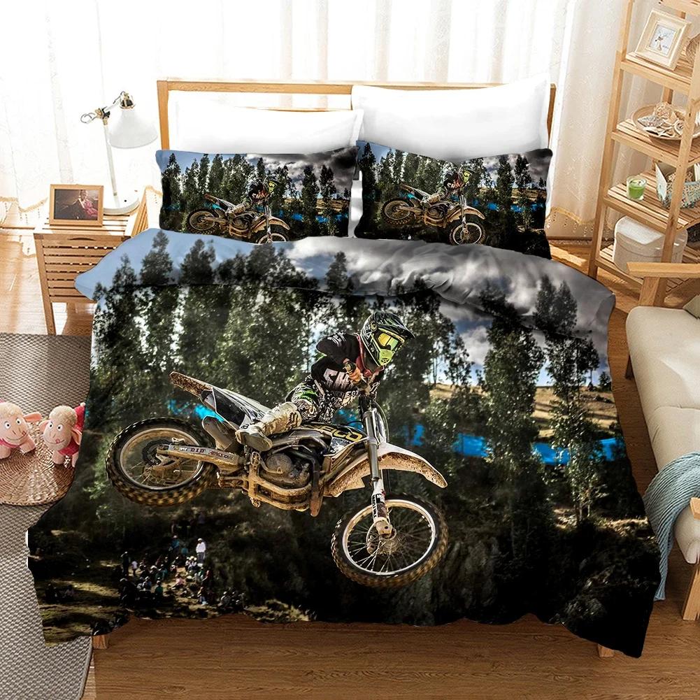 Luxury Bedding Set Motorcycle Print Queen Size Duvet Cover Set with Pillowcase Motocross Bedspread Boy's Bed Set for Home Decor