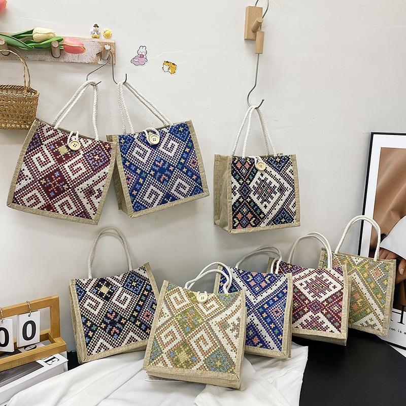 Bolsa de lona estilo étnico feminina moda verão para levar para fora lancheira de linho bolsa bento bolsa de mão para mamãe